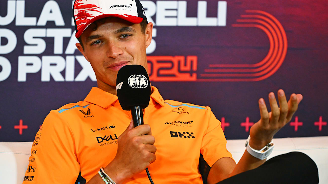 AUSTIN, TEXAS - OCTOBER 17: Lando Norris of Great Britain and McLaren attends the Drivers Press Conference during previews ahead of the F1 Grand Prix of United States at Circuit of The Americas on October 17, 2024 in Austin, Texas. (Photo by Mark Sutton/Getty Images)