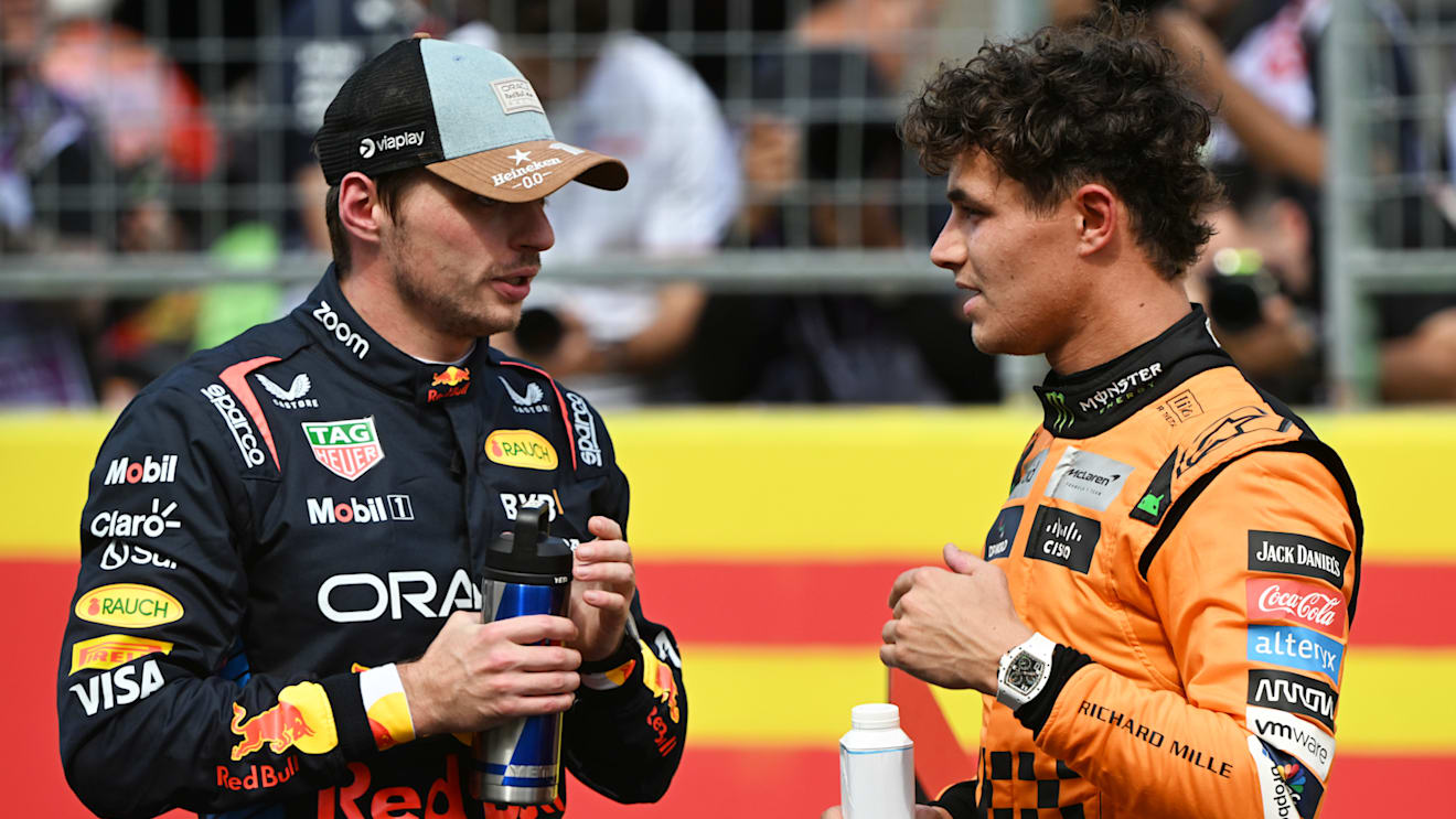 AUSTIN, TEXAS - OCTOBER 19: Sprint winner Max Verstappen of the Netherlands and Oracle Red Bull Racing and Third placed Lando Norris of Great Britain and McLaren talk in parc ferme during the Sprint ahead of the F1 Grand Prix of United States at Circuit of The Americas on October 19, 2024 in Austin, Texas. (Photo by Mark Sutton/Getty Images)