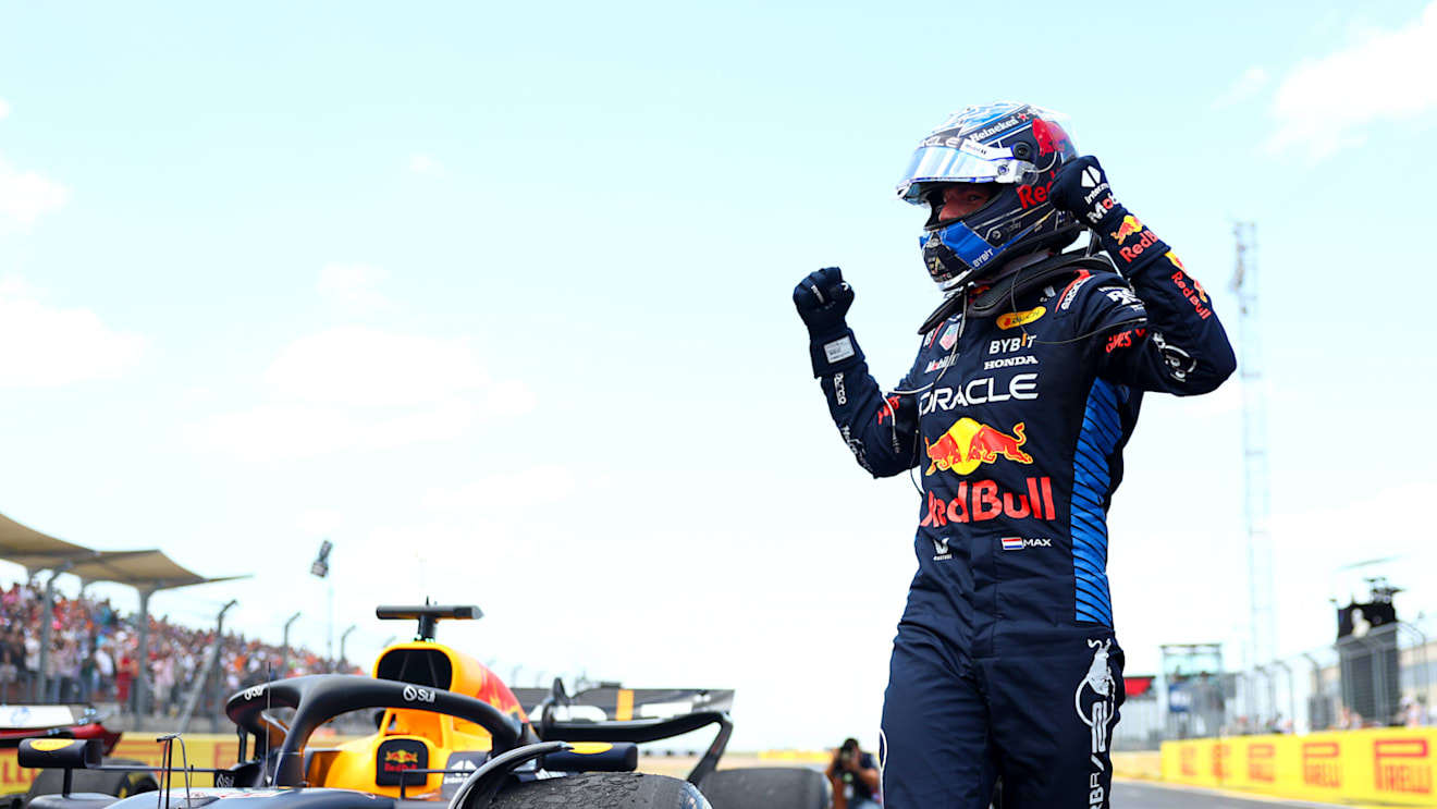 AUSTIN, TEXAS - OCTOBER 19: Sprint winner Max Verstappen of the Netherlands and Oracle Red Bull Racing celebrates in parc ferme during the Sprint ahead of the F1 Grand Prix of United States at Circuit of The Americas on October 19, 2024 in Austin, Texas. (Photo by Bryn Lennon - Formula 1/Formula 1 via Getty Images)