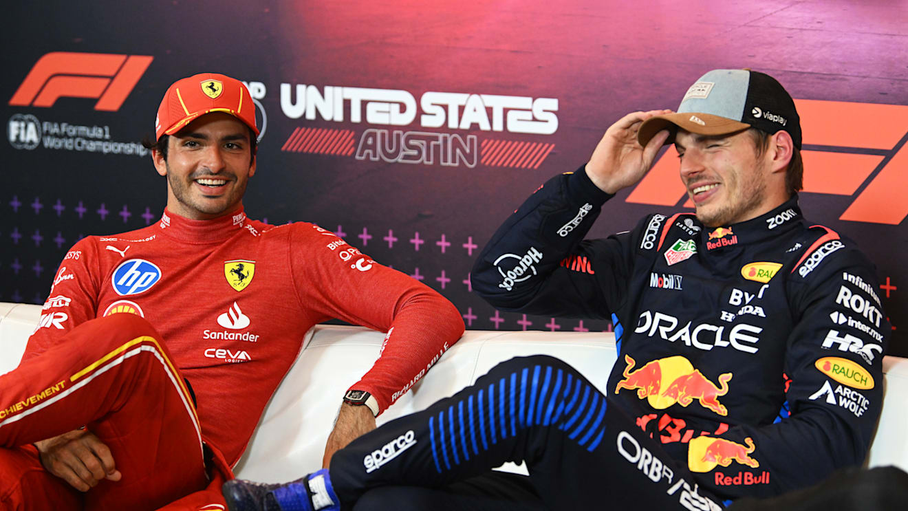 AUSTIN, TEXAS - OCTOBER 19: Sprint winner Max Verstappen of the Netherlands and Oracle Red Bull Racing talks with Second placed Carlos Sainz of Spain and Ferrari in the press conference after the Sprint ahead of the F1 Grand Prix of United States at Circuit of The Americas on October 19, 2024 in Austin, Texas. (Photo by Mark Sutton/Getty Images)