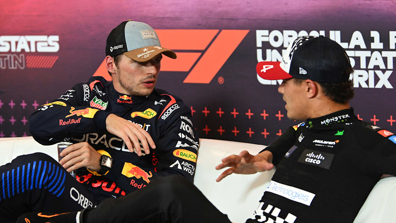 AUSTIN, TEXAS - OCTOBER 19: Sprint winner Max Verstappen of the Netherlands and Oracle Red Bull Racing and Third placed Lando Norris of Great Britain and McLaren attend the press conference after during the Sprint ahead of the F1 Grand Prix of United States at Circuit of The Americas on October 19, 2024 in Austin, Texas. (Photo by Mark Sutton/Getty Images)