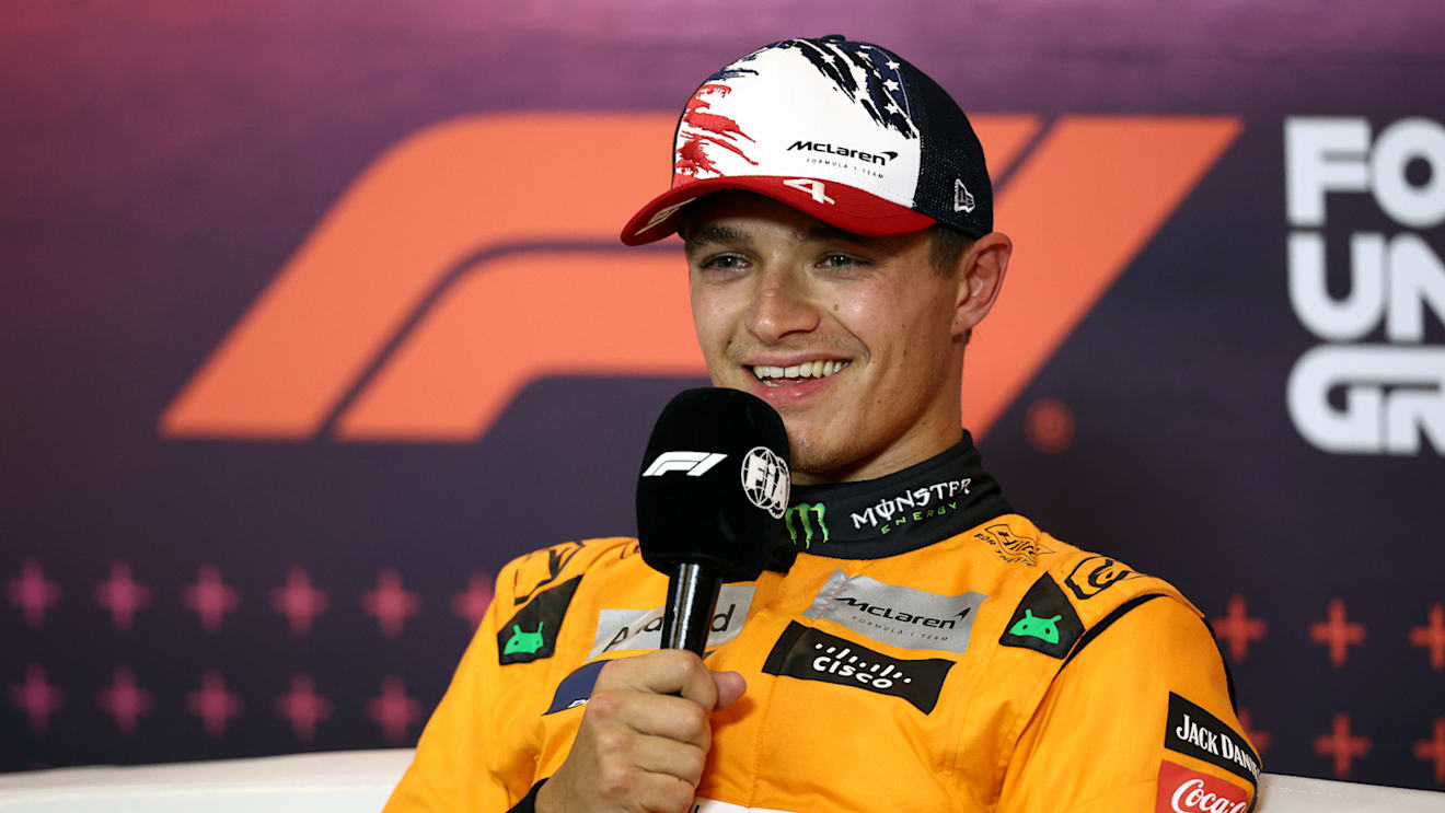 AUSTIN, TEXAS - OCTOBER 19: Pole position qualifier Lando Norris of Great Britain and McLaren attends the press conference after qualifying ahead of the F1 Grand Prix of United States at Circuit of The Americas on October 19, 2024 in Austin, Texas. (Photo by Jared C. Tilton/Getty Images)