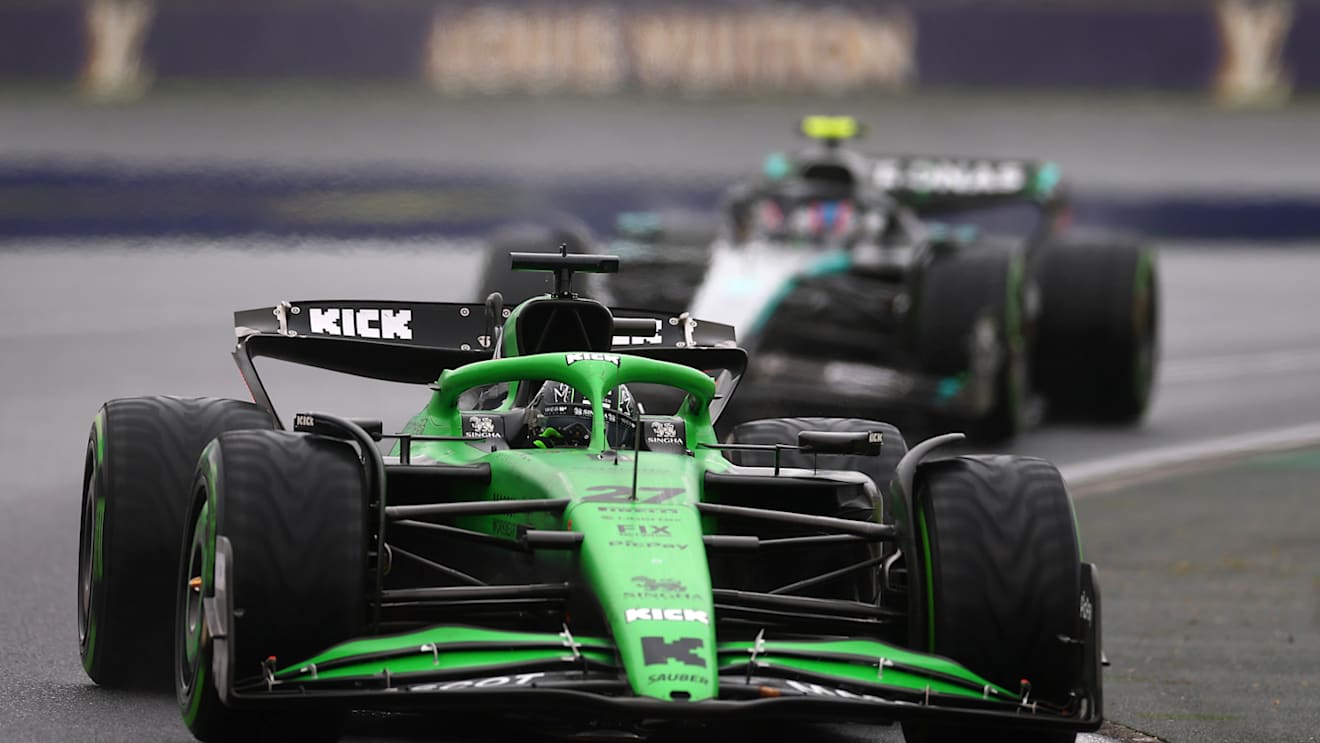 MELBOURNE, AUSTRALIA - MARCH 16: Nico Hulkenberg of Germany driving the (27) Kick Sauber C45 Ferrari leads Andrea Kimi Antonelli of Italy driving the (12) Mercedes AMG Petronas F1 Team W16 on track during the F1 Grand Prix of Australia at Albert Park Grand Prix Circuit on March 16, 2025 in Melbourne, Australia. (Photo by Bryn Lennon - Formula 1/Formula 1 via Getty Images)