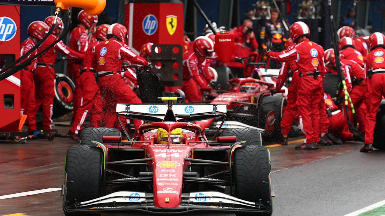 MELBOURNE, AUSTRALIA - MARCH 16: Lewis Hamilton of Great Britain driving the (44) Scuderia Ferrari SF-25 in the Pitlane as Charles Leclerc of Monaco driving the (16) Scuderia Ferrari SF-25 makes a pitstop during the F1 Grand Prix of Australia at Albert Park Grand Prix Circuit on March 16, 2025 in Melbourne, Australia. (Photo by Clive Rose/Getty Images)