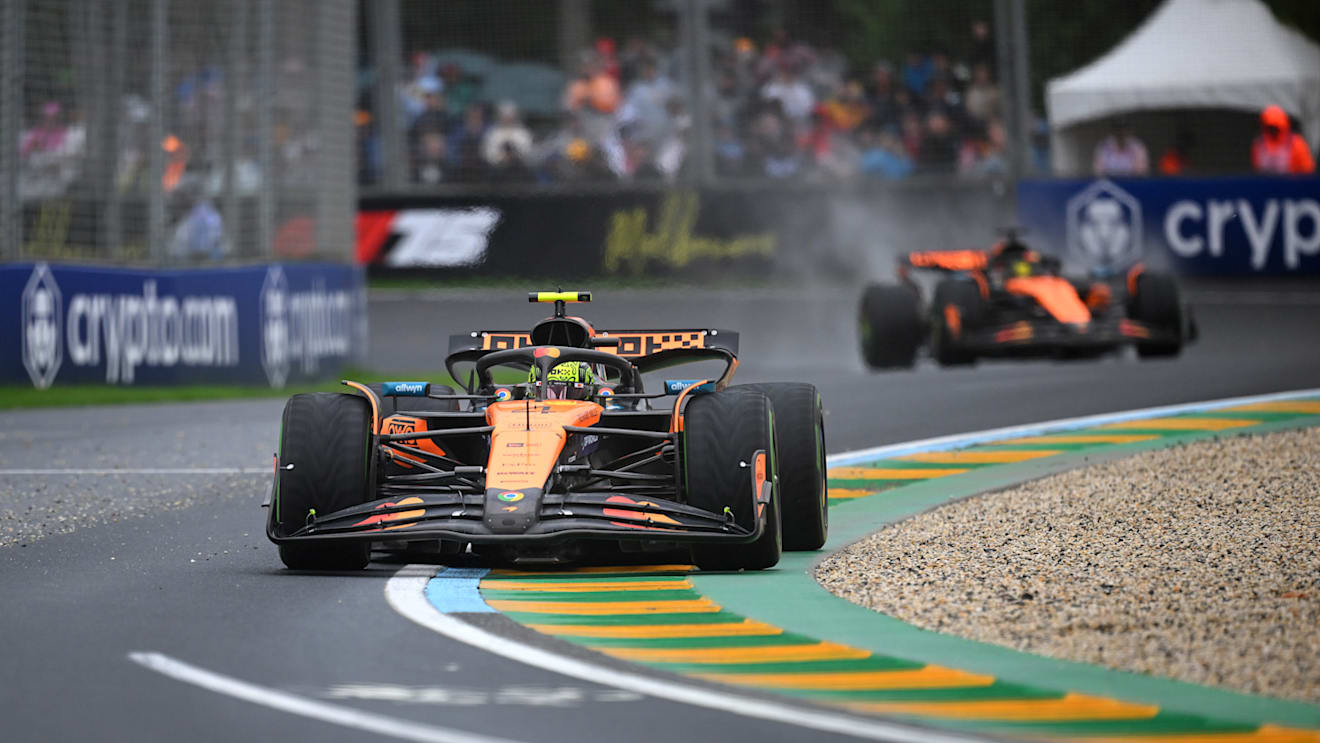 MELBOURNE, AUSTRALIA - MARCH 16: Lando Norris of Great Britain driving the (4) McLaren MCL39 Mercedes leads Oscar Piastri of Australia driving the (81) McLaren MCL39 Mercedes on track during the F1 Grand Prix of Australia at Albert Park Grand Prix Circuit on March 16, 2025 in Melbourne, Australia. (Photo by Clive Mason/Getty Images)