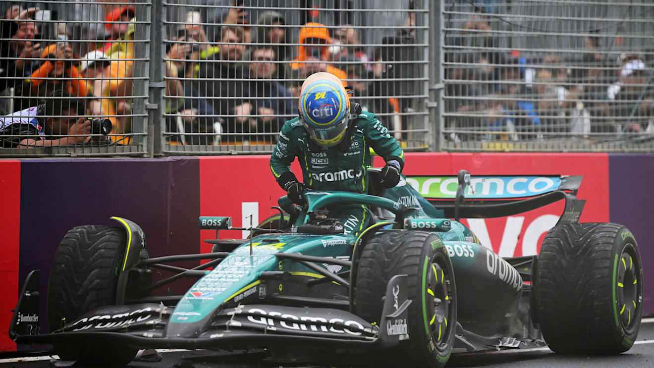 MELBOURNE, AUSTRALIA - MARCH 16: Fernando Alonso of Spain and Aston Martin F1 Team after crashing during the F1 Grand Prix of Australia at Albert Park Grand Prix Circuit on March 16, 2025 in Melbourne, Australia. (Photo by Clive Mason/Getty Images)