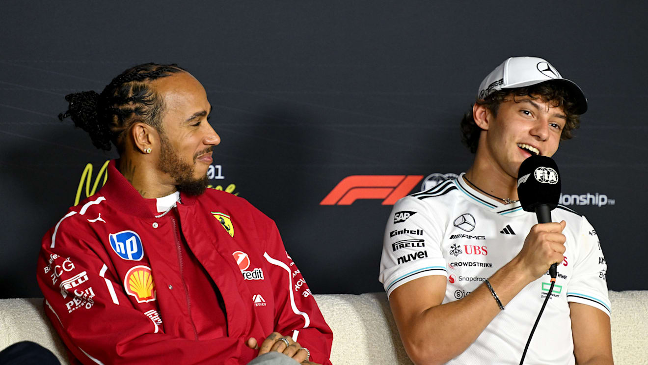MELBOURNE, AUSTRALIA - MARCH 13: Lewis Hamilton of Great Britain and Scuderia Ferrari and Andrea Kimi Antonelli of Italy and Mercedes AMG Petronas F1 Team are interviewed in the Press Conference during previews ahead of the F1 Grand Prix of Australia at Albert Park Grand Prix Circuit on March 13, 2025 in Melbourne, Australia. (Photo by Mark Sutton - Formula 1/Formula 1 via Getty Images)