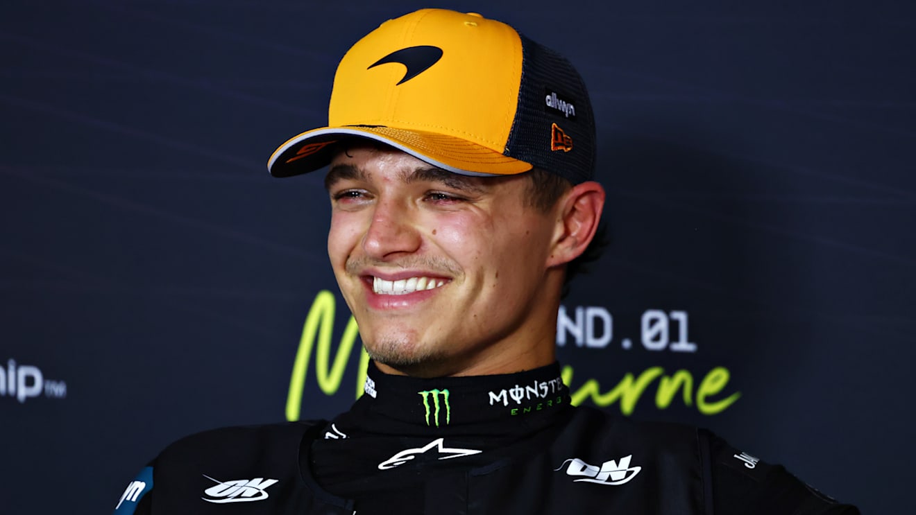 MELBOURNE, AUSTRALIA - MARCH 15: Pole position qualifier Lando Norris of Great Britain and McLaren in the Drivers Press Conference during qualifying ahead of the F1 Grand Prix of Australia at Albert Park Grand Prix Circuit on March 15, 2025 in Melbourne, Australia. (Photo by Clive Rose/Getty Images)