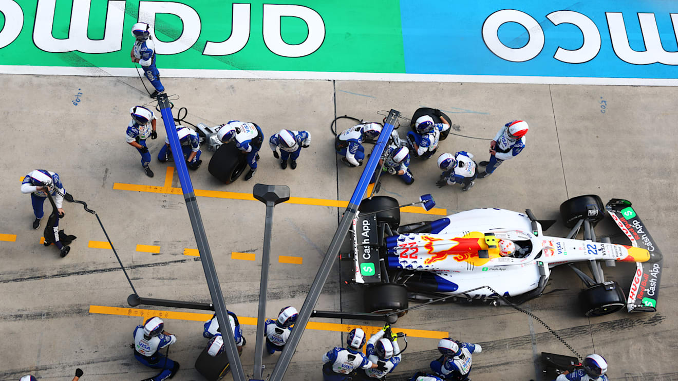 SHANGHAI, CHINA - MARCH 23: Yuki Tsunoda of Japan driving the (22) Visa Cash App Racing Bulls VCARB 02 makes a pitstop during the F1 Grand Prix of China at Shanghai International Circuit on March 23, 2025 in Shanghai, China. (Photo by Bryn Lennon - Formula 1/Formula 1 via Getty Images)