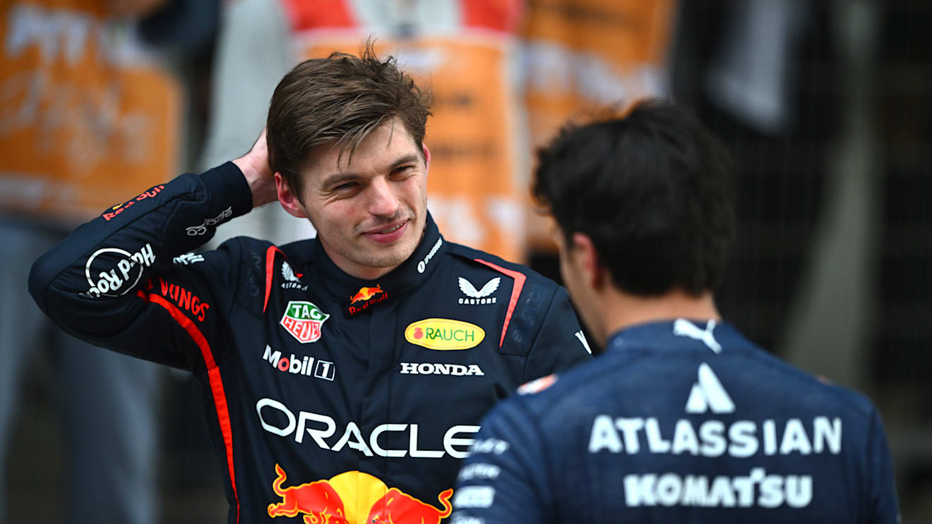 SHANGHAI, CHINA - MARCH 23: Fourth placed Max Verstappen of the Netherlands and Oracle Red Bull Racing and Ninth placed Alexander Albon of Thailand and Williams talk in parc ferme during the F1 Grand Prix of China at Shanghai International Circuit on March 23, 2025 in Shanghai, China. (Photo by Rudy Carezzevoli/Getty Images)