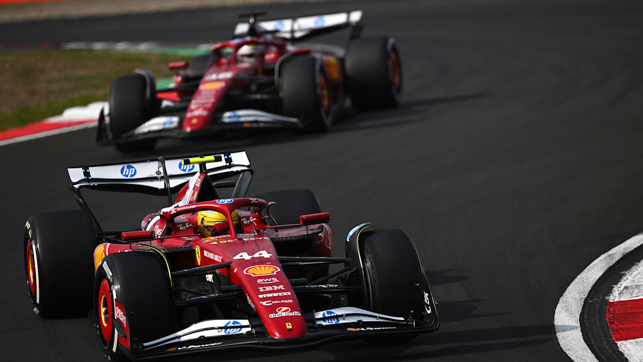 SHANGHAI, CHINA - MARCH 23: Lewis Hamilton of Great Britain driving the (44) Scuderia Ferrari SF-25 leads Charles Leclerc of Monaco driving the (16) Scuderia Ferrari SF-25 on track during the F1 Grand Prix of China at Shanghai International Circuit on March 23, 2025 in Shanghai, China. (Photo by Rudy Carezzevoli/Getty Images)