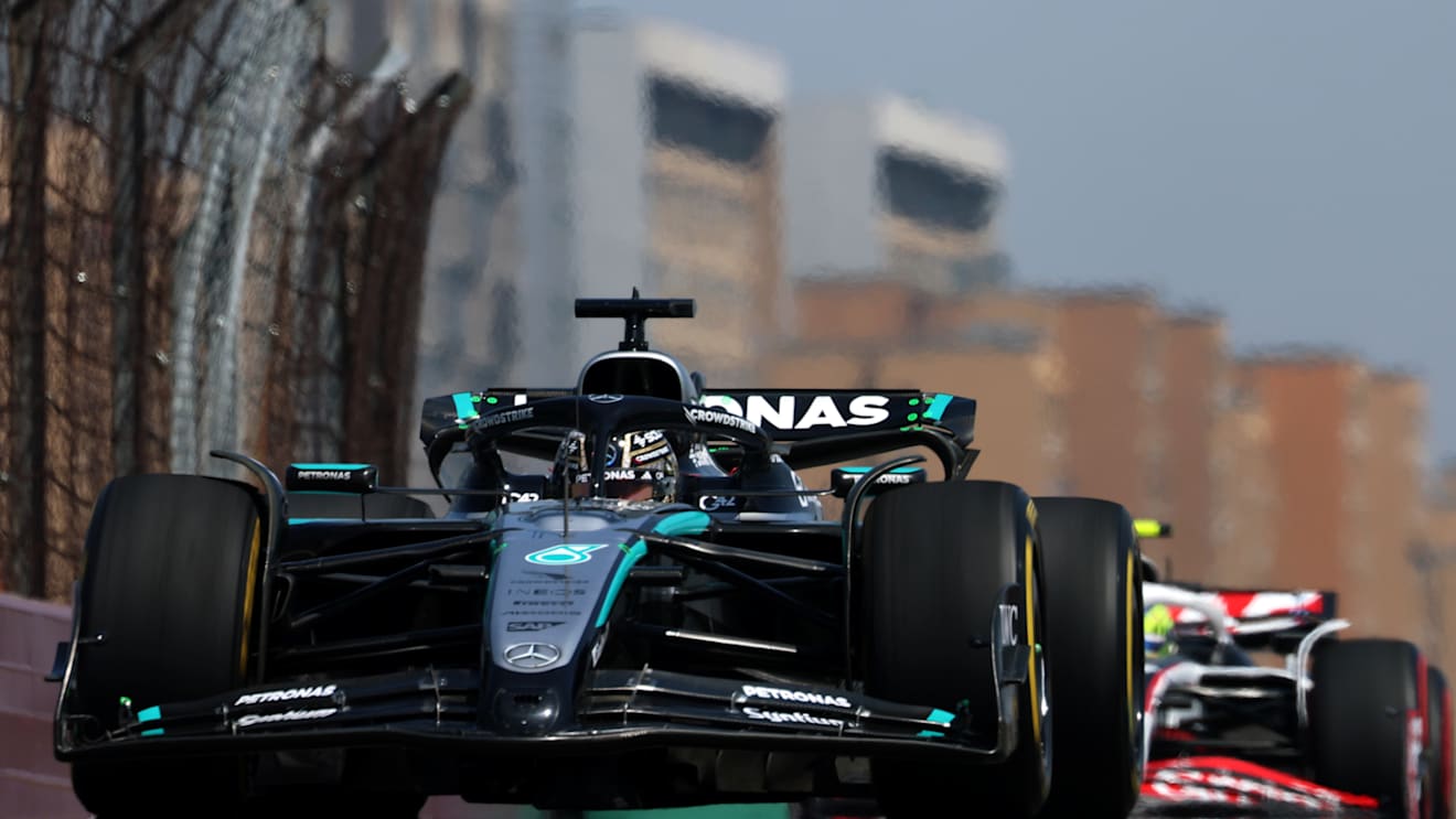 SHANGHAI, CHINA - MARCH 21: George Russell of Great Britain driving the (63) Mercedes AMG Petronas F1 Team W16 on track during practice ahead of the F1 Grand Prix of China at Shanghai International Circuit on March 21, 2025 in Shanghai, China. (Photo by Mark Thompson/Getty Images)