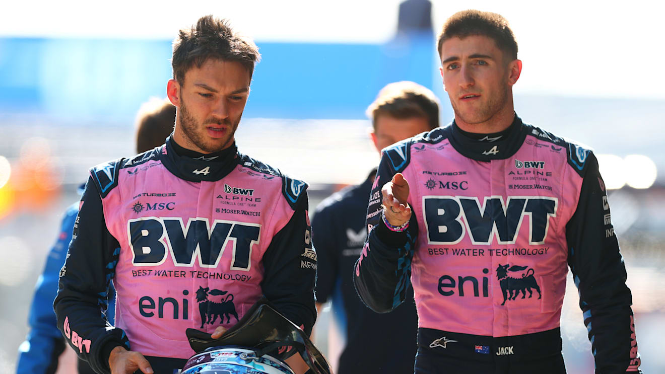 SHANGHAI, CHINA - MARCH 21: Pierre Gasly of France and Alpine F1 and Jack Doohan of Australia and Alpine F1 talk in the Pitlane during Sprint Qualifying ahead of the F1 Grand Prix of China at Shanghai International Circuit on March 21, 2025 in Shanghai, China. (Photo by Bryn Lennon - Formula 1/Formula 1 via Getty Images)