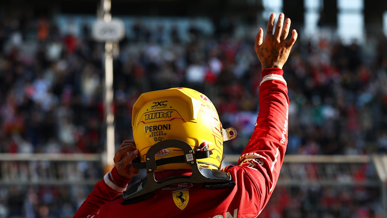 SHANGHAI, CHINA - MARCH 21: Sprint Pole qualifier Lewis Hamilton of Great Britain and Scuderia Ferrari celebrates in parc ferme during Sprint Qualifying ahead of the F1 Grand Prix of China at Shanghai International Circuit on March 21, 2025 in Shanghai, China. (Photo by Bryn Lennon - Formula 1/Formula 1 via Getty Images)