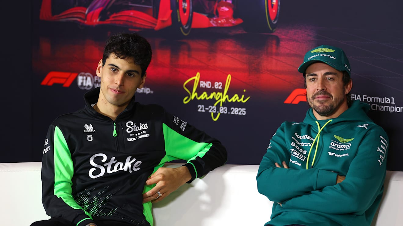 SHANGHAI, CHINA - MARCH 20: Gabriel Bortoleto of Brazil and Stake F1 Team Kick Sauber and Fernando Alonso of Spain and Aston Martin F1 Team in the Drivers Press Conference during previews ahead of the F1 Grand Prix of China at Shanghai International Circuit on March 20, 2025 in Shanghai, China. (Photo by Clive Rose/Getty Images)