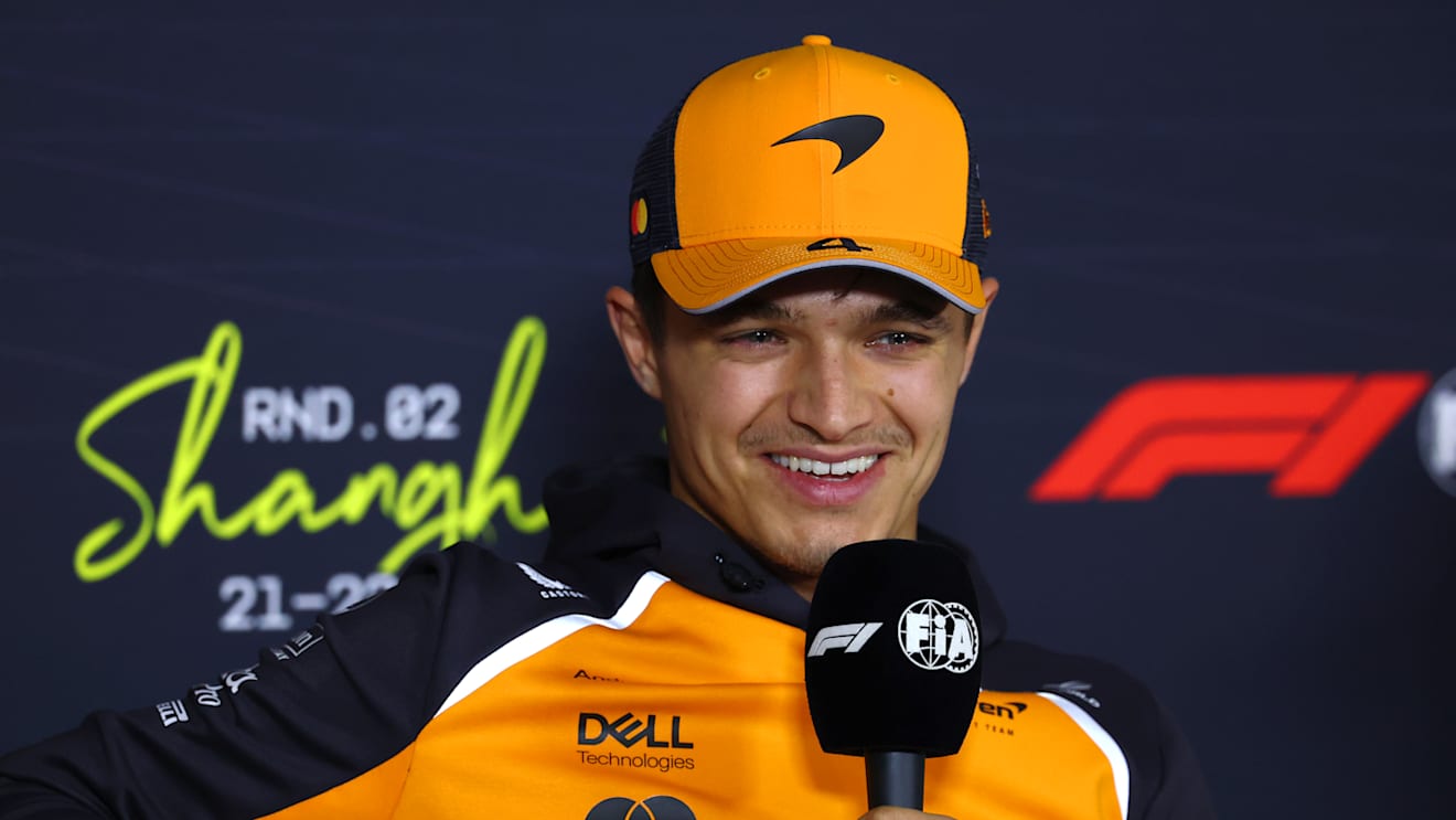 SHANGHAI, CHINA - MARCH 20: Lando Norris of Great Britain and McLaren in the Drivers Press Conference during previews ahead of the F1 Grand Prix of China at Shanghai International Circuit on March 20, 2025 in Shanghai, China. (Photo by Clive Rose/Getty Images)