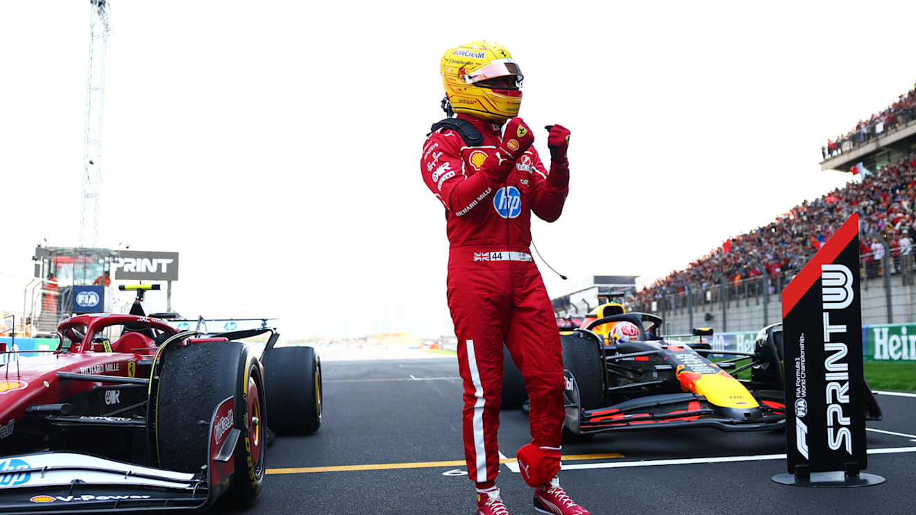 SHANGHAI, CHINA - MARCH 22: Sprint winner Lewis Hamilton of Great Britain and Scuderia Ferrari celebrates in parc ferme during the Sprint ahead of the F1 Grand Prix of China at Shanghai International Circuit on March 22, 2025 in Shanghai, China. (Photo by Bryn Lennon - Formula 1/Formula 1 via Getty Images)