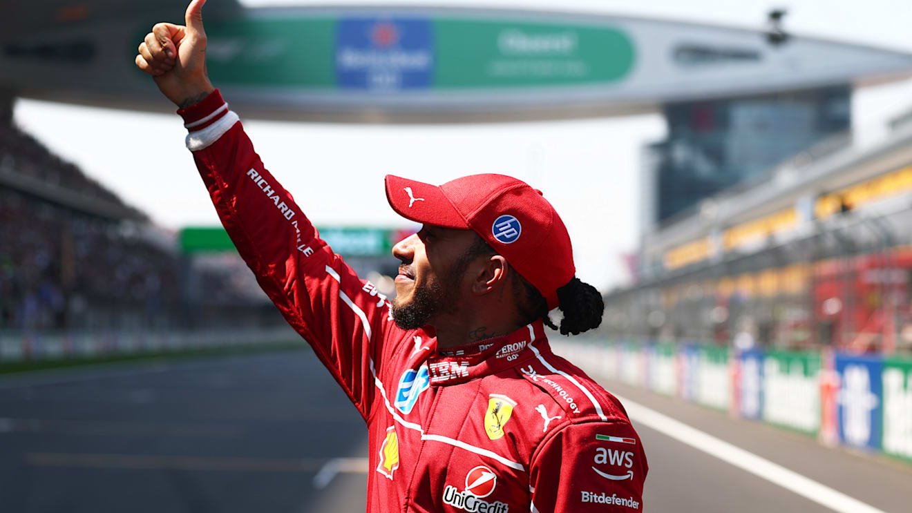 SHANGHAI, CHINA - MARCH 22: Sprint winner Lewis Hamilton of Great Britain and Scuderia Ferrari celebrates during the Sprint ahead of the F1 Grand Prix of China at Shanghai International Circuit on March 22, 2025 in Shanghai, China. (Photo by Bryn Lennon - Formula 1/Formula 1 via Getty Images)