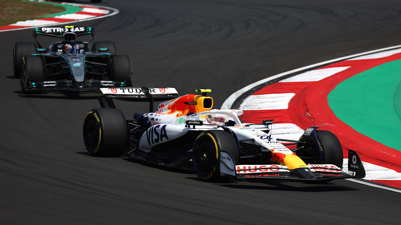 SHANGHAI, CHINA - MARCH 22: Yuki Tsunoda of Japan driving the (22) Visa Cash App Racing Bulls VCARB 02 leads Andrea Kimi Antonelli of Italy driving the (12) Mercedes AMG Petronas F1 Team W16 on track during the Sprint ahead of the F1 Grand Prix of China at Shanghai International Circuit on March 22, 2025 in Shanghai, China. (Photo by Mark Thompson/Getty Images)