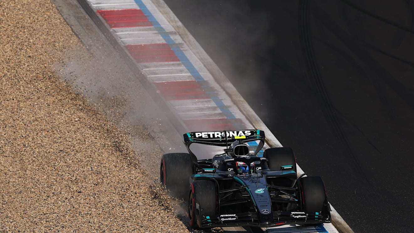 SHANGHAI, CHINA - MARCH 22: Andrea Kimi Antonelli of Italy driving the (12) Mercedes AMG Petronas F1 Team W16 touches the gravel during qualifying ahead of the F1 Grand Prix of China at Shanghai International Circuit on March 22, 2025 in Shanghai, China. (Photo by Clive Rose/Getty Images)