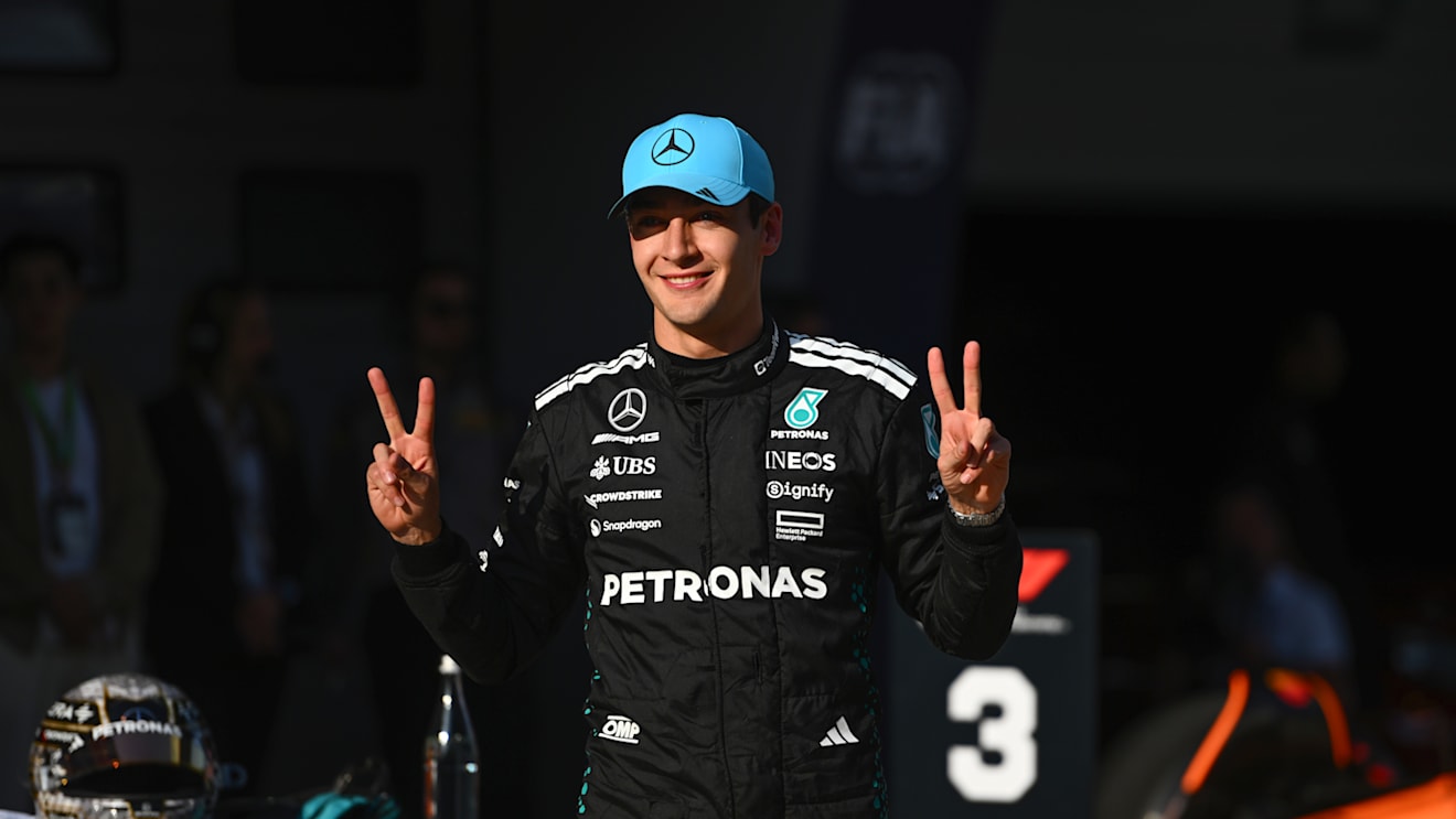 SHANGHAI, CHINA - MARCH 22: Second placed qualifier George Russell of Great Britain and Mercedes AMG Petronas F1 Team celebrates in parc ferme during qualifying ahead of the F1 Grand Prix of China at Shanghai International Circuit on March 22, 2025 in Shanghai, China. (Photo by Rudy Carezzevoli/Getty Images)