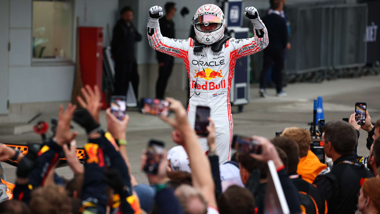 SUZUKA, JAPAN - APRIL 06: Race winner Max Verstappen of the Netherlands and Oracle Red Bull Racing celebrates on arrival in parc ferme during the F1 Grand Prix of Japan at Suzuka Circuit on April 06, 2025 in Suzuka, Japan. (Photo by Clive Rose/Getty Images)