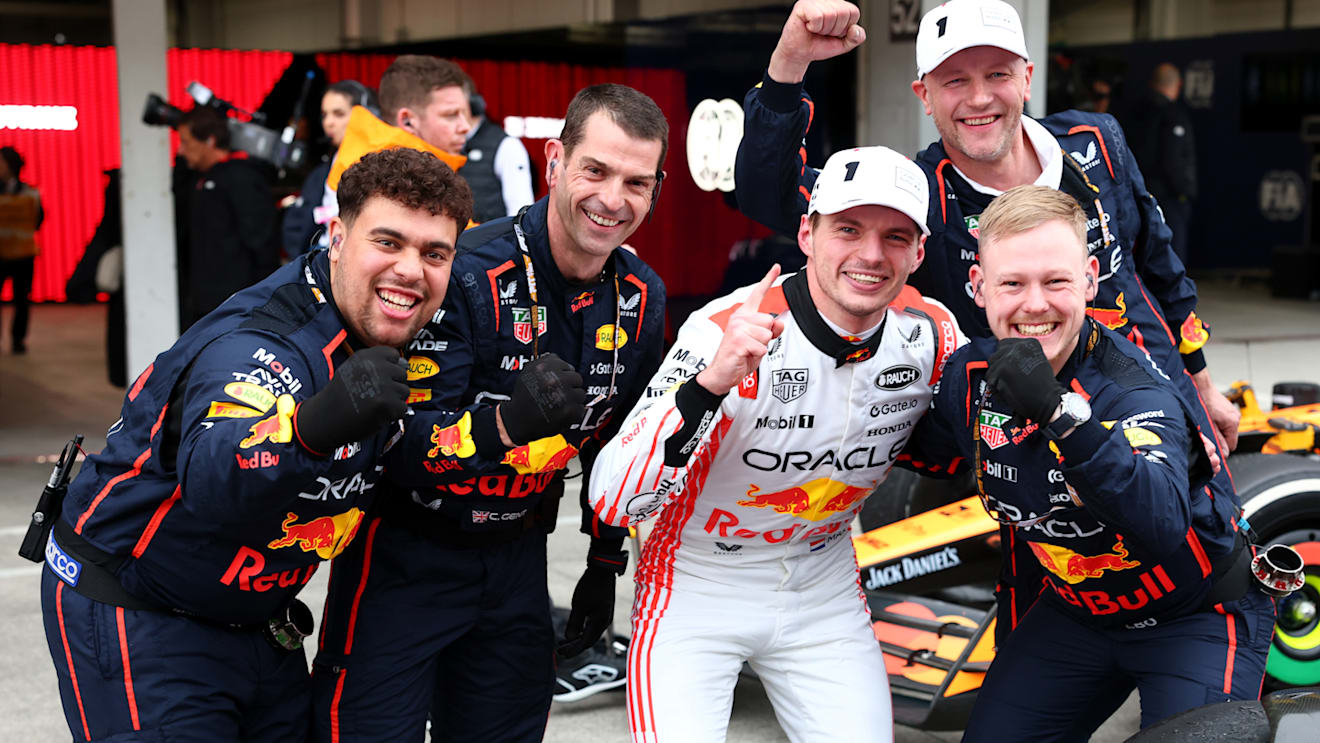 SUZUKA, JAPAN - APRIL 06: Race winner Max Verstappen of the Netherlands and Oracle Red Bull Racing celebrates with teammates in parc ferme during the F1 Grand Prix of Japan at Suzuka Circuit on April 06, 2025 in Suzuka, Japan. (Photo by Mark Thompson/Getty Images)