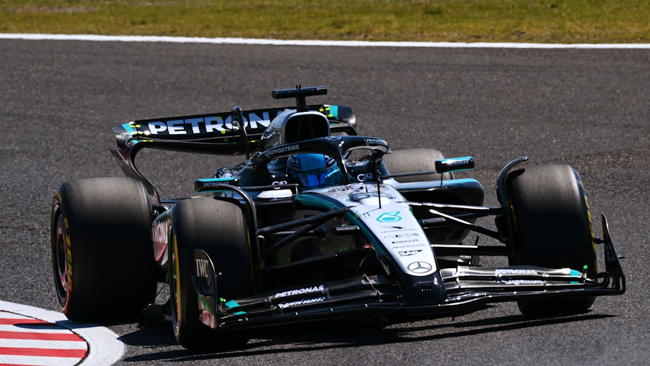 SUZUKA, JAPAN - APRIL 04: George Russell of Great Britain driving the (63) Mercedes AMG Petronas F1 Team W16 on track during practice ahead of the F1 Grand Prix of Japan at Suzuka Circuit on April 04, 2025 in Suzuka, Japan. (Photo by Mark Sutton - Formula 1/Formula 1 via Getty Images)