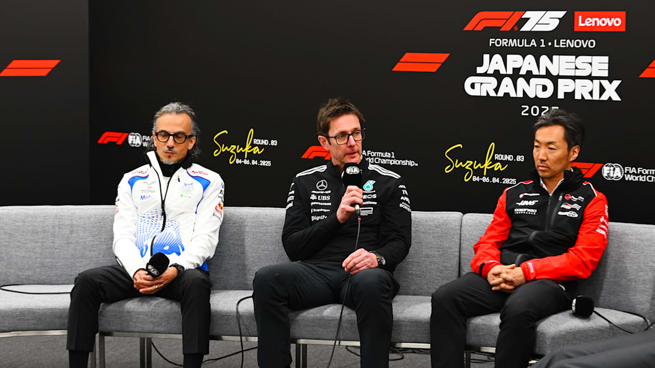 SUZUKA, JAPAN - APRIL 04: Laurent Mekies, Team Principal of Visa Cash App Racing Bulls Andrew Shovlin, Trackside Engineering Director of Mercedes AMG Petronas F1 Team and Ayao Komatsu, Team Principal of Haas F1 in the Team Principals Press Conference during practice ahead of the F1 Grand Prix of Japan at Suzuka Circuit on April 04, 2025 in Suzuka, Japan. (Photo by Mark Sutton/Getty Images)