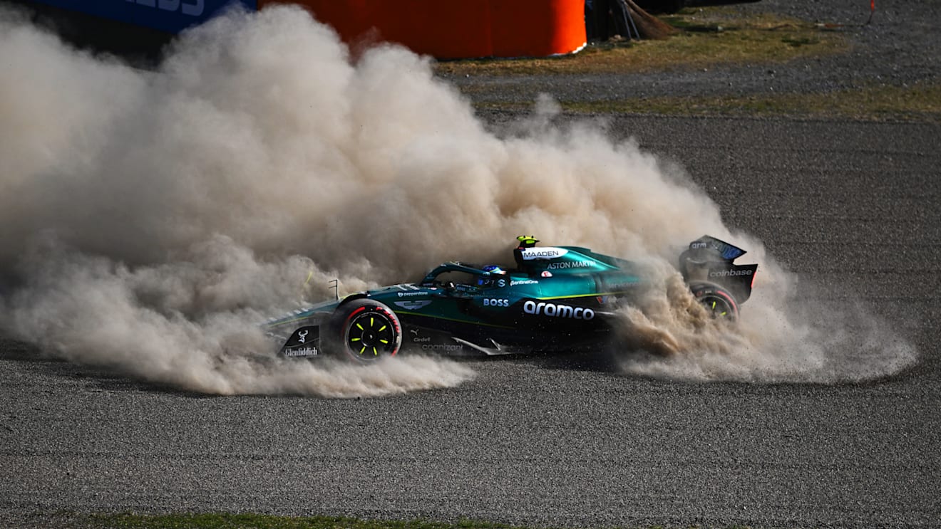 SUZUKA, JAPAN - APRIL 04: Fernando Alonso of Spain driving the (14) Aston Martin F1 Team AMR25 Mercedes spins across the gravel during practice ahead of the F1 Grand Prix of Japan at Suzuka Circuit on April 04, 2025 in Suzuka, Japan. (Photo by Rudy Carezzevoli/Getty Images)