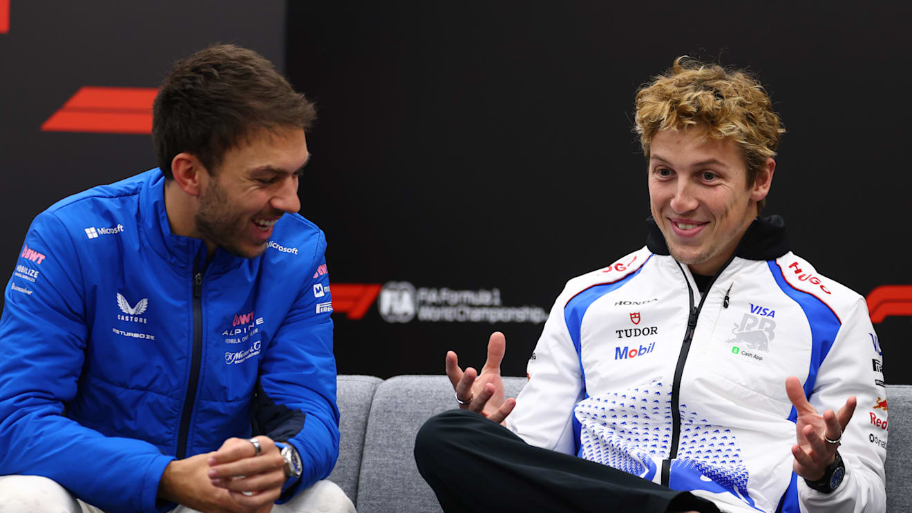 SUZUKA, JAPAN - APRIL 03: Pierre Gasly of France and Alpine F1 and Liam Lawson of New Zealand and Visa Cash App Racing Bulls in the Drivers Press Conference during previews ahead of the F1 Grand Prix of Japan at Suzuka Circuit on April 03, 2025 in Suzuka, Japan. (Photo by Clive Rose/Getty Images)