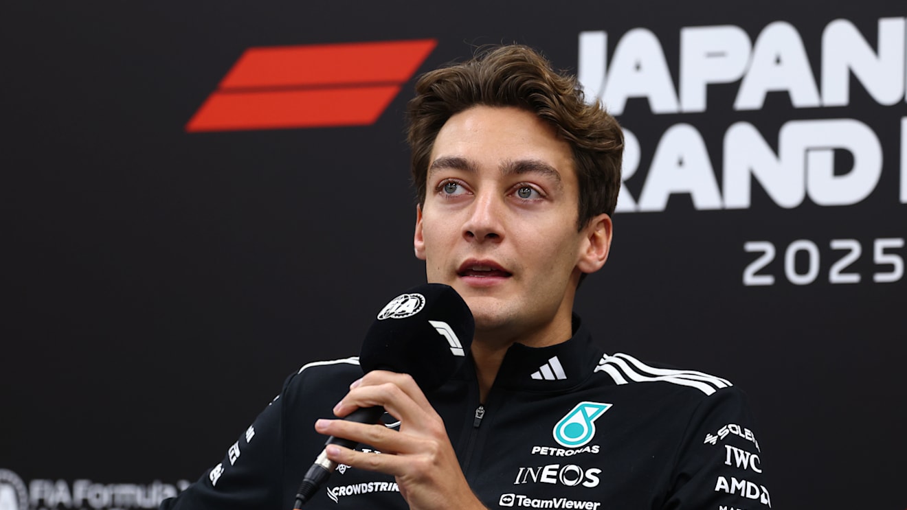 SUZUKA, JAPAN - APRIL 03: George Russell of Great Britain and Mercedes AMG Petronas F1 Team in the Drivers Press Conference during previews ahead of the F1 Grand Prix of Japan at Suzuka Circuit on April 03, 2025 in Suzuka, Japan. (Photo by Clive Rose/Getty Images)