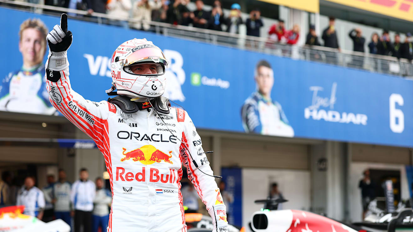 SUZUKA, JAPAN - APRIL 05: Pole position qualifier Max Verstappen of the Netherlands and Oracle Red Bull Racing celebrates in parc ferme during qualifying ahead of the F1 Grand Prix of Japan at Suzuka Circuit on April 05, 2025 in Suzuka, Japan. (Photo by Mark Thompson/Getty Images)