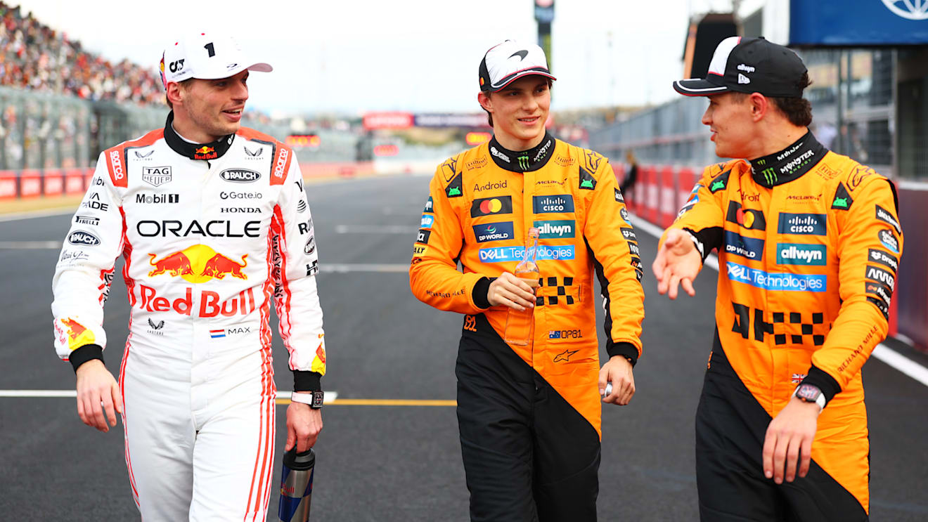 SUZUKA, JAPAN - APRIL 05: Pole position qualifier Max Verstappen of the Netherlands and Oracle Red Bull Racing Third placed qualifier Oscar Piastri of Australia and McLaren and Second placed qualifier Lando Norris of Great Britain and McLaren talk in parc ferme during qualifying ahead of the F1 Grand Prix of Japan at Suzuka Circuit on April 05, 2025 in Suzuka, Japan. (Photo by Bryn Lennon - Formula 1/Formula 1 via Getty Images)