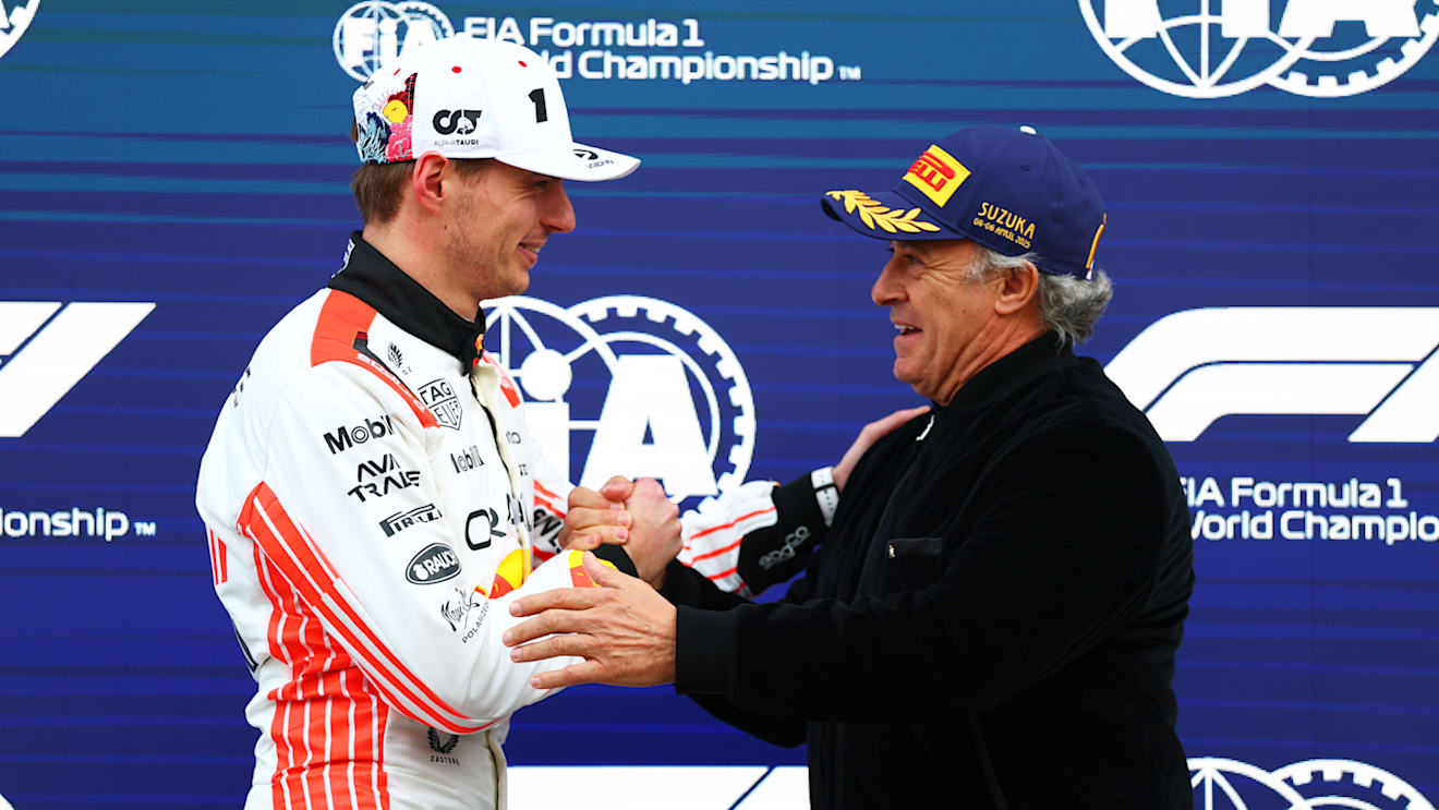 SUZUKA, JAPAN - APRIL 05: Pole position qualifier Max Verstappen of the Netherlands and Oracle Red Bull Racing receives his Pirelli Pole Position Award from former racer Jean Alesi during qualifying ahead of the F1 Grand Prix of Japan at Suzuka Circuit on April 05, 2025 in Suzuka, Japan. (Photo by Bryn Lennon - Formula 1/Formula 1 via Getty Images)