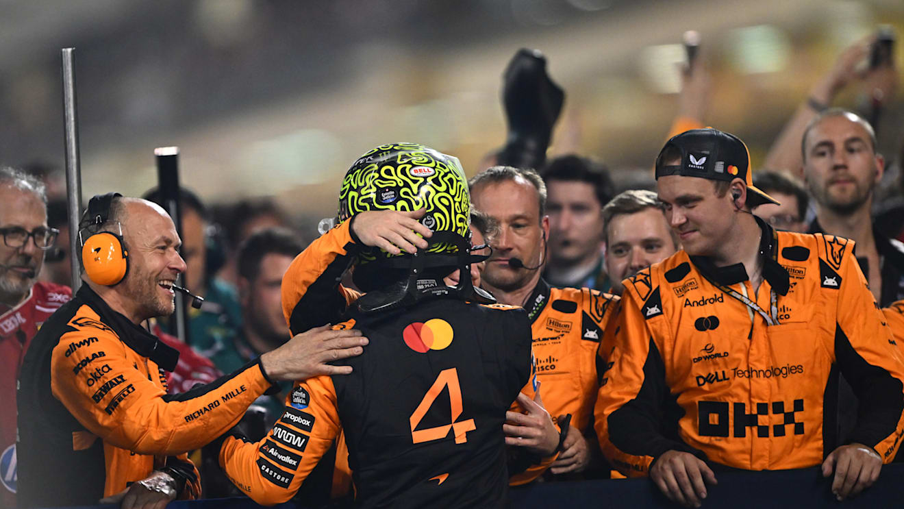 BAHRAIN, BAHRAIN - APRIL 13: Third placed Lando Norris of Great Britain and McLaren celebrates in parc ferme with his team during the F1 Grand Prix of Bahrain at Bahrain International Circuit on April 13, 2025 in Bahrain, Bahrain. (Photo by Rudy Carezzevoli/Getty Images)