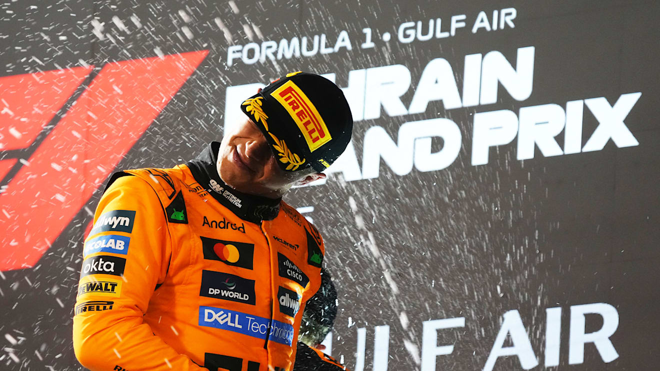 BAHRAIN, BAHRAIN - APRIL 13: Third placed Lando Norris of Great Britain and McLaren celebrates on the podium during the F1 Grand Prix of Bahrain at Bahrain International Circuit on April 13, 2025 in Bahrain, Bahrain. (Photo by Malcolm Griffiths - Formula 1/Formula 1 via Getty Images)