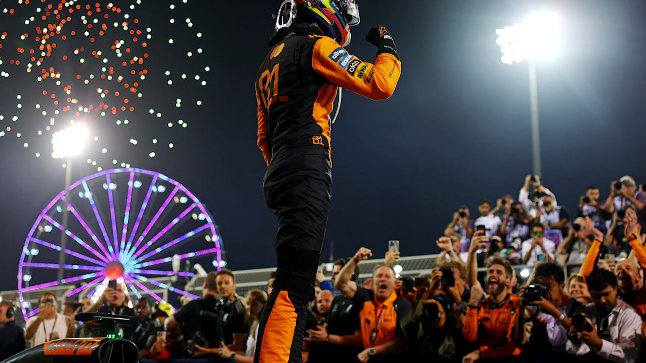 BAHRAIN, BAHRAIN - APRIL 13: Race winner Oscar Piastri of Australia and McLaren celebrates on arrival in parc ferme during the F1 Grand Prix of Bahrain at Bahrain International Circuit on April 13, 2025 in Bahrain, Bahrain. (Photo by Bryn Lennon - Formula 1/Formula 1 via Getty Images)