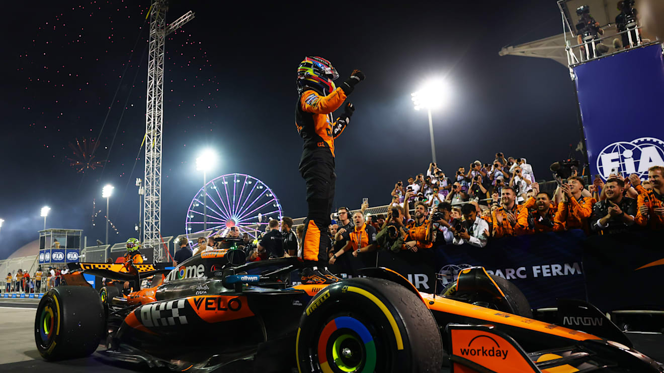 BAHRAIN, BAHRAIN - APRIL 13: Race winner Oscar Piastri of Australia and McLaren arrives in parc ferme during the F1 Grand Prix of Bahrain at Bahrain International Circuit on April 13, 2025 in Bahrain, Bahrain. (Photo by Bryn Lennon - Formula 1/Formula 1 via Getty Images)