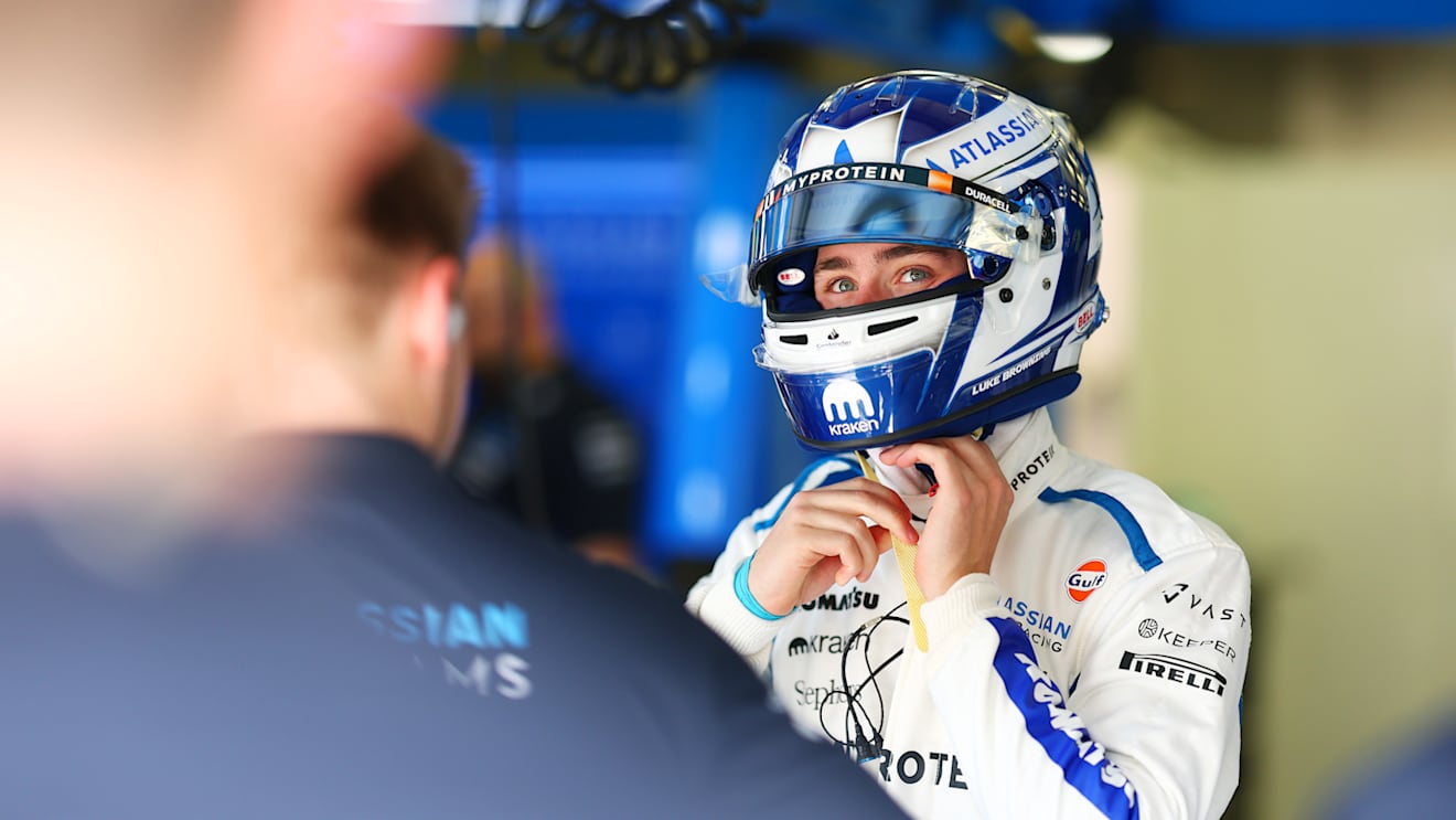 BAHRAIN, BAHRAIN - APRIL 11: Luke Browning of Great Britain and Williams prepares to drive in the garage during practice ahead of the F1 Grand Prix of Bahrain at Bahrain International Circuit on April 11, 2025 in Bahrain, Bahrain. (Photo by Clive Rose/Getty Images)