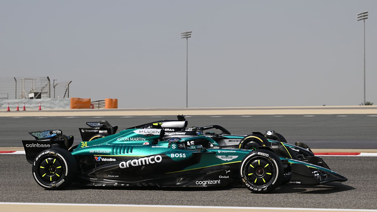 BAHRAIN, BAHRAIN - APRIL 11: Felipe Drugovich of Brazil driving the (34) Aston Martin AMR25 Mercedes and Frederik Vesti of Denmark driving the (72) Mercedes AMG Petronas F1 Team W16 on track during practice ahead of the F1 Grand Prix of Bahrain at Bahrain International Circuit on April 11, 2025 in Bahrain, Bahrain. (Photo by Mark Sutton - Formula 1/Formula 1 via Getty Images)