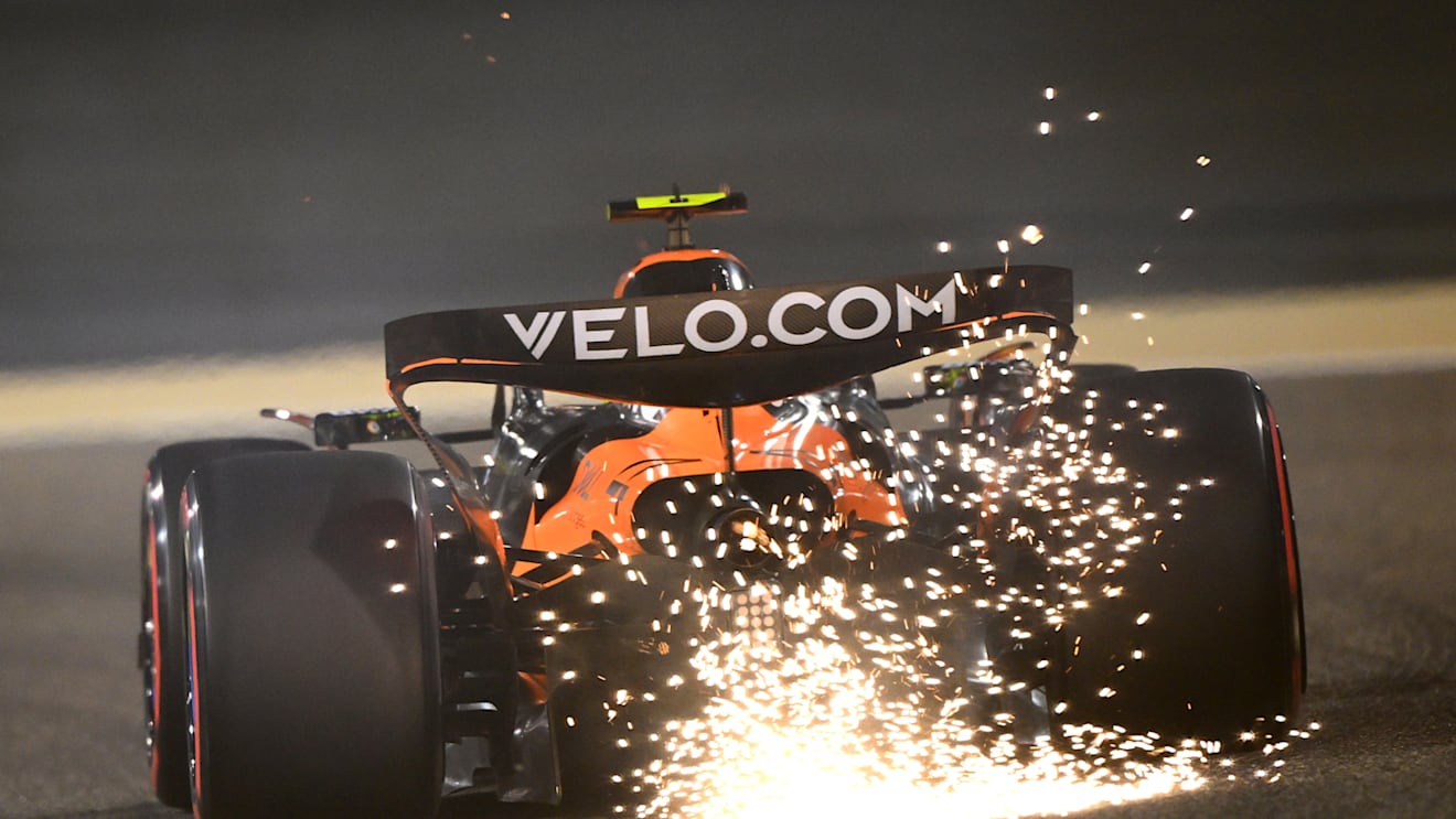 BAHRAIN, BAHRAIN - APRIL 11: Sparks fly behind Lando Norris of Great Britain driving the (4) McLaren MCL39 Mercedes on track during practice ahead of the F1 Grand Prix of Bahrain at Bahrain International Circuit on April 11, 2025 in Bahrain, Bahrain. (Photo by Clive Mason/Getty Images)