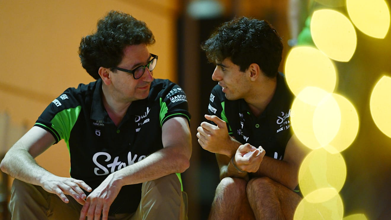 BAHRAIN, BAHRAIN - APRIL 12: Mattia Binotto, COO and CTO of Stake F1 Team Kick Sauber talks with Gabriel Bortoleto of Brazil and Stake F1 Team Kick Sauber  prior to qualifying ahead of the F1 Grand Prix of Bahrain at Bahrain International Circuit on April 12, 2025 in Bahrain, Bahrain. (Photo by Rudy Carezzevoli/Getty Images)