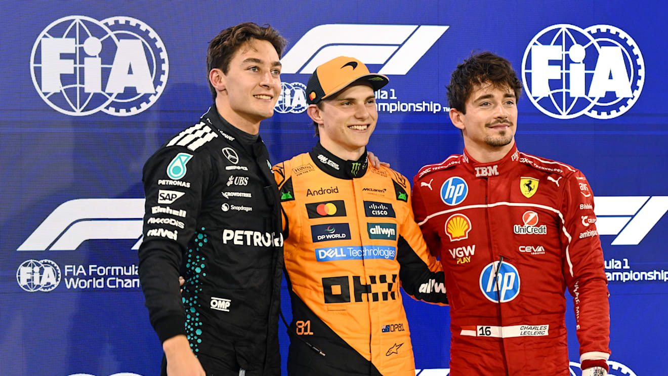 BAHRAIN, BAHRAIN - APRIL 12: Pole position qualifier Oscar Piastri of Australia and McLaren Second placed qualifier George Russell of Great Britain and Mercedes AMG Petronas F1 Team and Third placed qualifier Charles Leclerc of Monaco and Scuderia Ferrari during qualifying ahead of the F1 Grand Prix of Bahrain at Bahrain International Circuit on April 12, 2025 in Bahrain, Bahrain. (Photo by Mark Sutton - Formula 1/Formula 1 via Getty Images)