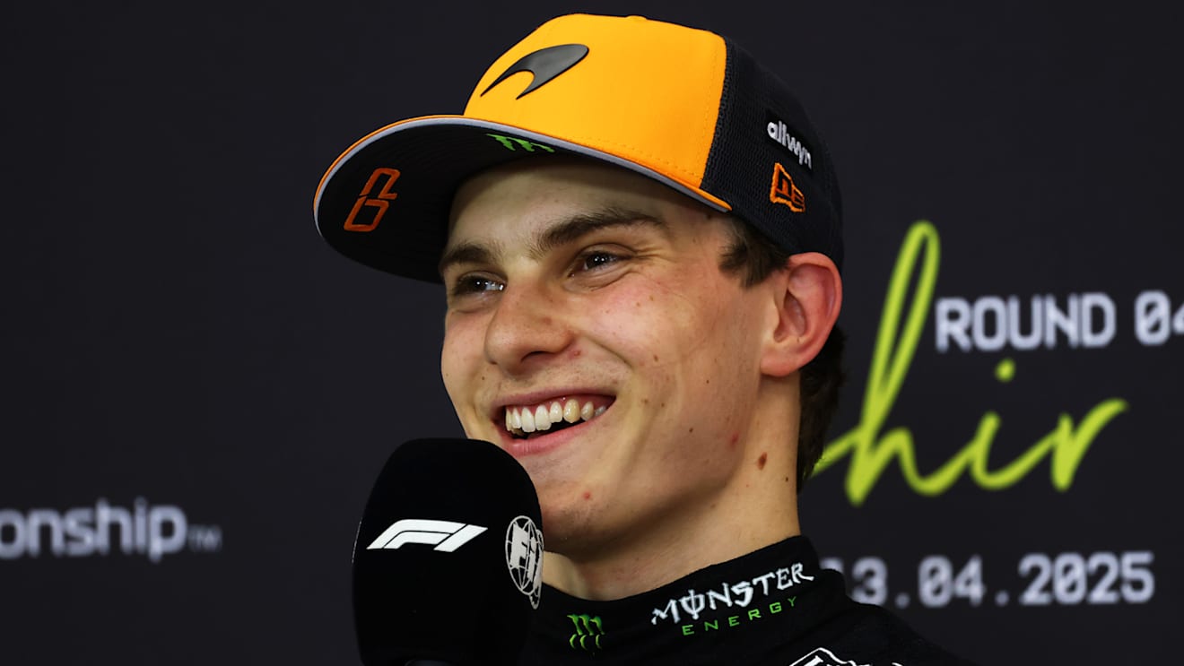 BAHRAIN, BAHRAIN - APRIL 12: Pole position qualifier Oscar Piastri of Australia and McLaren in the Drivers Press Conference during qualifying ahead of the F1 Grand Prix of Bahrain at Bahrain International Circuit on April 12, 2025 in Bahrain, Bahrain. (Photo by Clive Rose/Getty Images)