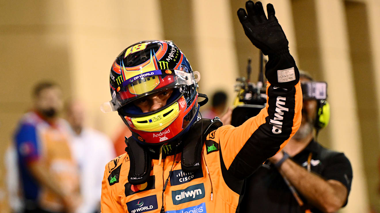 BAHRAIN, BAHRAIN - APRIL 12: Pole position qualifier Oscar Piastri of Australia and McLaren waves in parc ferme during qualifying ahead of the F1 Grand Prix of Bahrain at Bahrain International Circuit on April 12, 2025 in Bahrain, Bahrain. (Photo by Mark Sutton - Formula 1/Formula 1 via Getty Images)