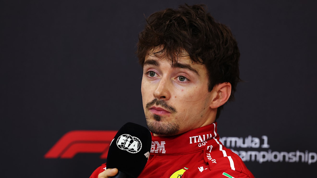 BAHRAIN, BAHRAIN - APRIL 12: Third placed qualifier Charles Leclerc of Monaco and Scuderia Ferrari in the Drivers Press Conference during qualifying ahead of the F1 Grand Prix of Bahrain at Bahrain International Circuit on April 12, 2025 in Bahrain, Bahrain. (Photo by Clive Rose/Getty Images)