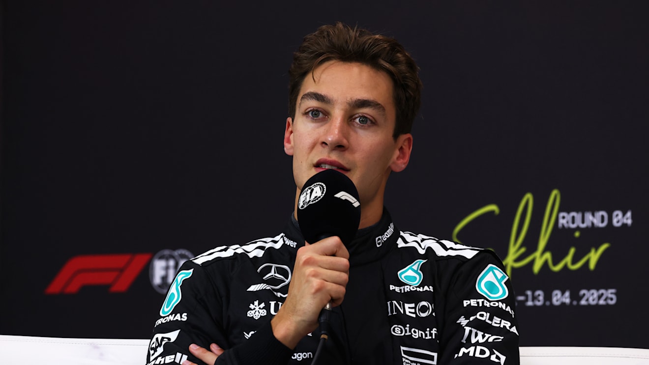 BAHRAIN, BAHRAIN - APRIL 12: Second placed qualifier George Russell of Great Britain and Mercedes AMG Petronas F1 Team in the Drivers Press Conference during qualifying ahead of the F1 Grand Prix of Bahrain at Bahrain International Circuit on April 12, 2025 in Bahrain, Bahrain. (Photo by Clive Rose/Getty Images)