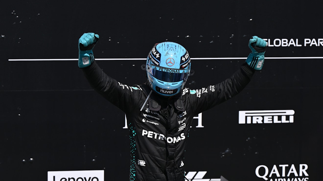 MONTREAL, QUEBEC - JUNE 15: Race winner George Russell of Great Britain and Mercedes AMG Petronas F1 Team celebrates on arrival in parc ferme during the F1 Grand Prix of Canada at Circuit Gilles-Villeneuve on June 15, 2025 in Montreal, Quebec. (Photo by Minas Panagiotakis/Getty Images)