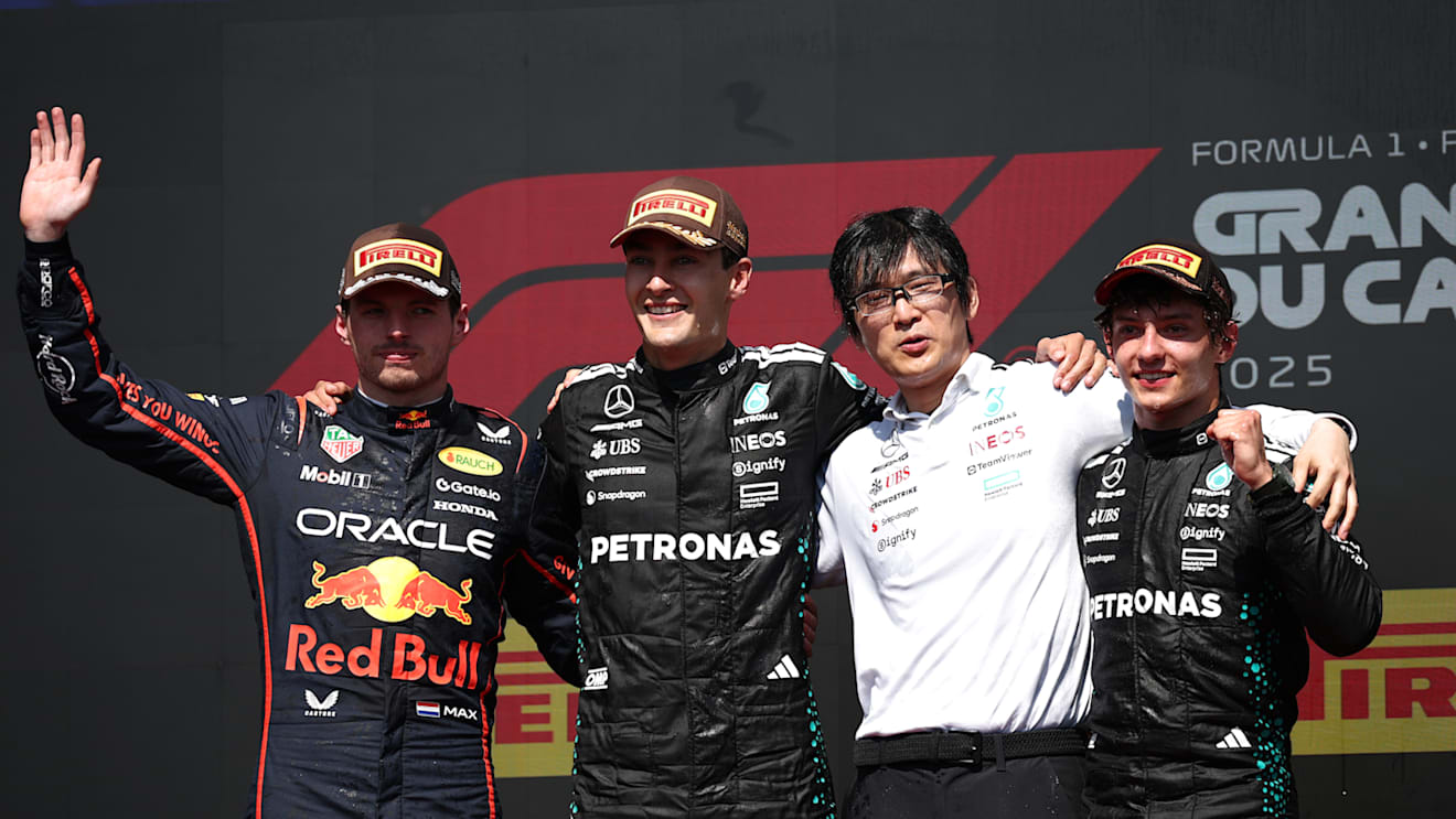 MONTREAL, QUEBEC - JUNE 15: Race winner George Russell of Great Britain and Mercedes AMG Petronas F1 Team Second placed Max Verstappen of the Netherlands and Oracle Red Bull Racing Third placed Andrea Kimi Antonelli of Italy and Mercedes AMG Petronas F1 Team and Katsu Kuwahara, Performance Engineer, Mercedes AMG Petronas F1 Team on the podium during the F1 Grand Prix of Canada at Circuit Gilles-Villeneuve on June 15, 2025 in Montreal, Quebec. (Photo by Jared C. Tilton - Formula 1/Formula 1 via Getty Images)